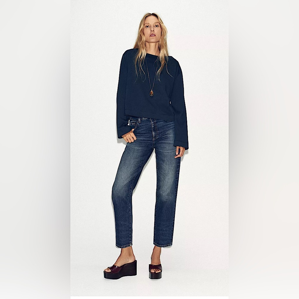 NWT Zara Black Boat Neck Long Bell Sleeve Boxy Tailored Blouse Top